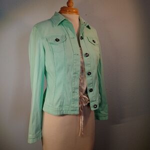 Cyan Denim Jacket with Crystal Buttons